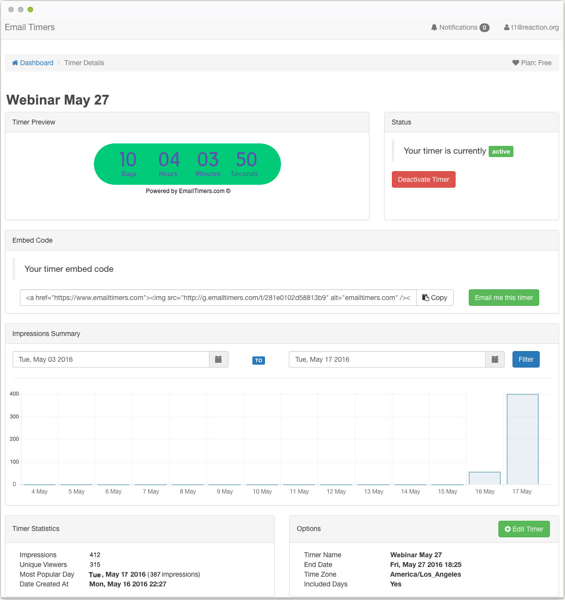 Full Email Timers application dashboard showing the timer creation workflow with customization panel